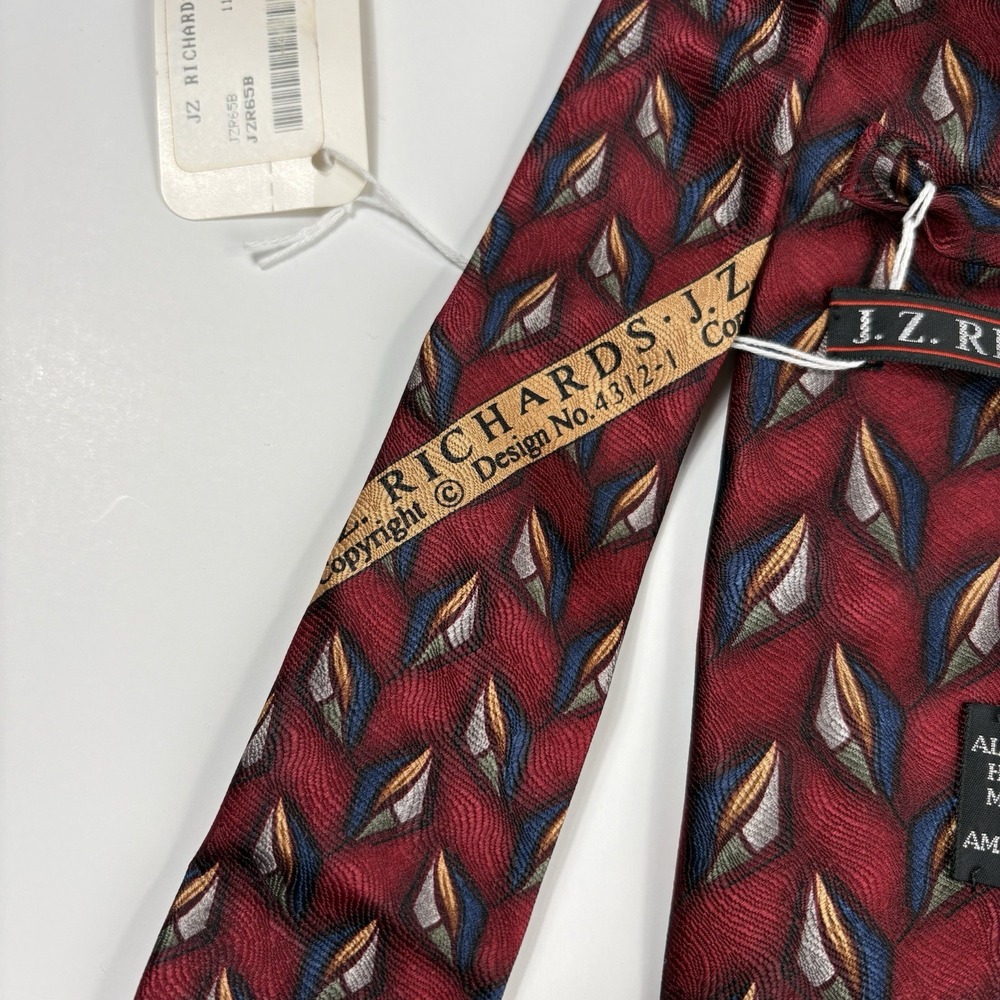 NWT Vintage J.Z. Richards Men's 100% Silk Tie Burgundy Geometric Made in USA - Picture 4 of 7
